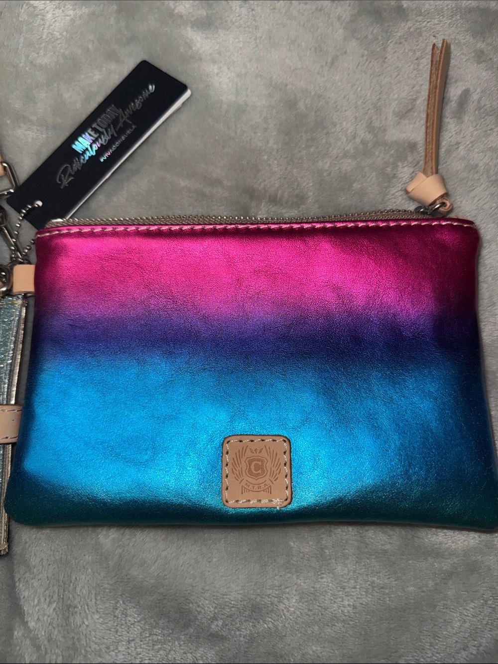 Consuela Metallic Pink-to-Blue Ombre Wristlet with Tan Trim